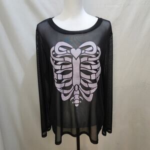 NWT Bloomchic Sheer Skeleton Heart Halloween Muertos Black Top, Size XL (16)